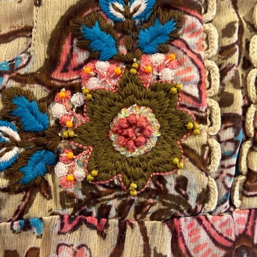 Soft Surroundings Pergola Blue Pink Floral Embroidered Sparkle Peasant Blouse